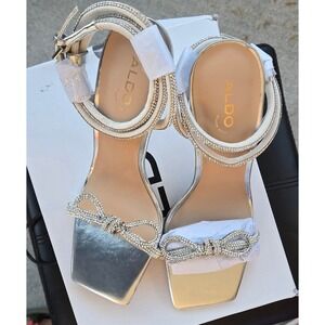 ALDO Women Silver Rhinestone Bow Stiletto Heels Ankle Strap Sandals Size 8.5